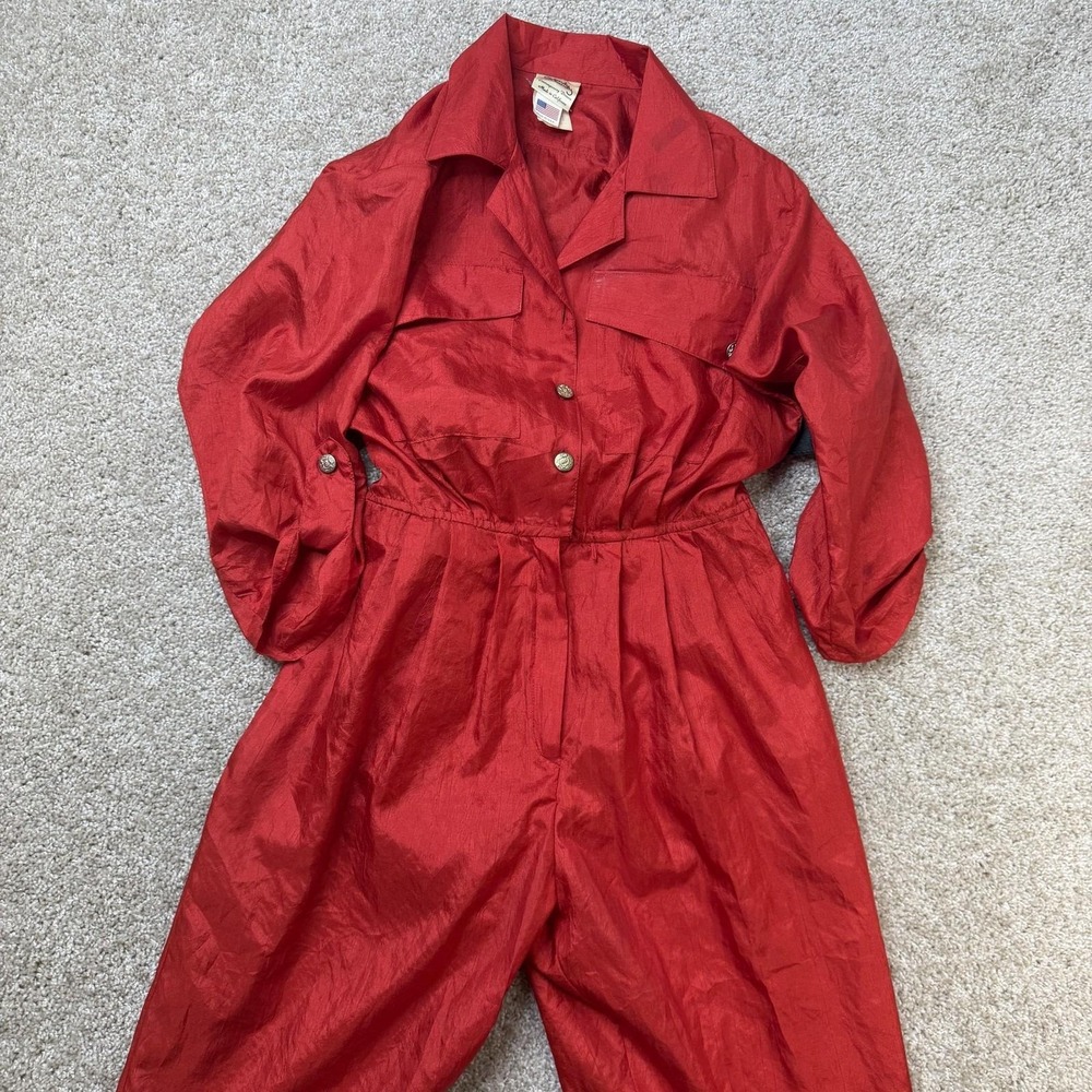 Vintage Sandy Sandy Jumpsuit Womens 8 Red Belted Long Sleeve Button Front USA